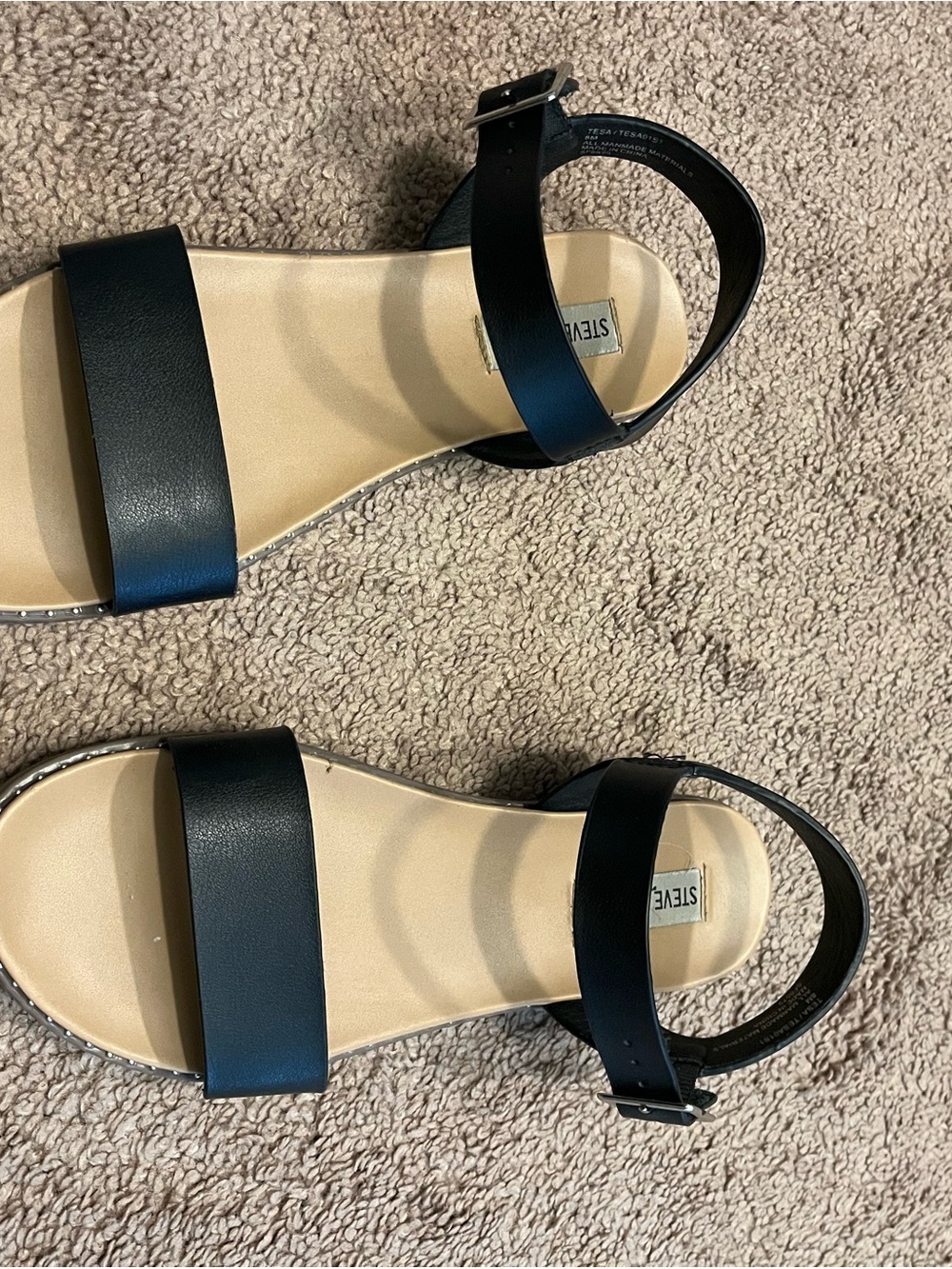 Steve Madden Black and Tan Open-Toe Ankle-Strap Sandals - Picture 4 of 6